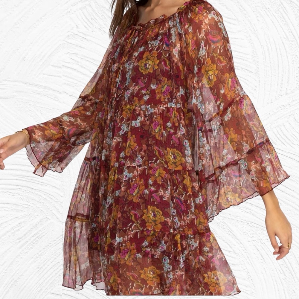 Johnny Was Small Daisy Silk Mini Dress Rust Orange Pink Floral‎ Boho Fairy